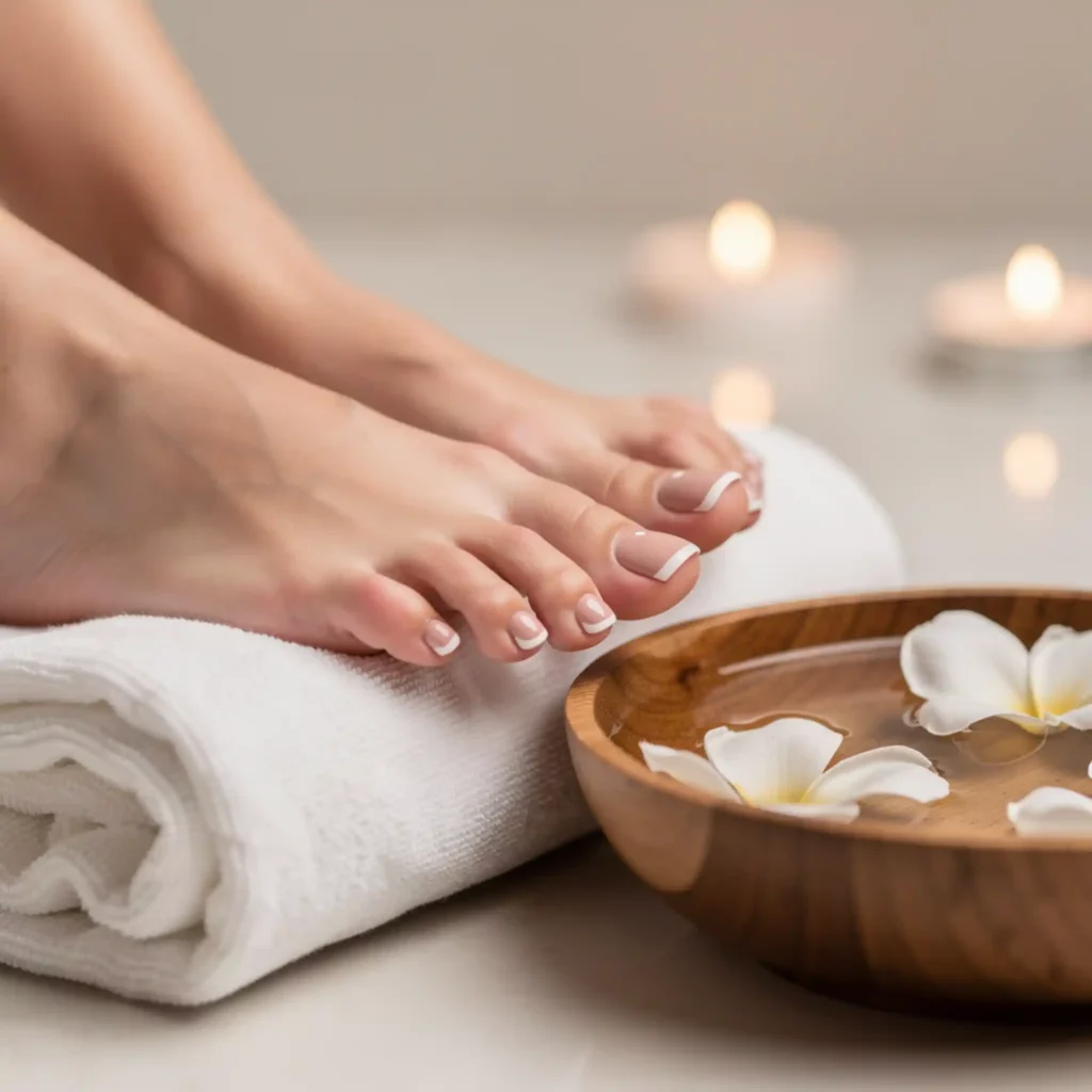 Gepflegte Füße nach Fußpflege und Pediküre in Bochum mit entspannter Wellness Atmosphäre