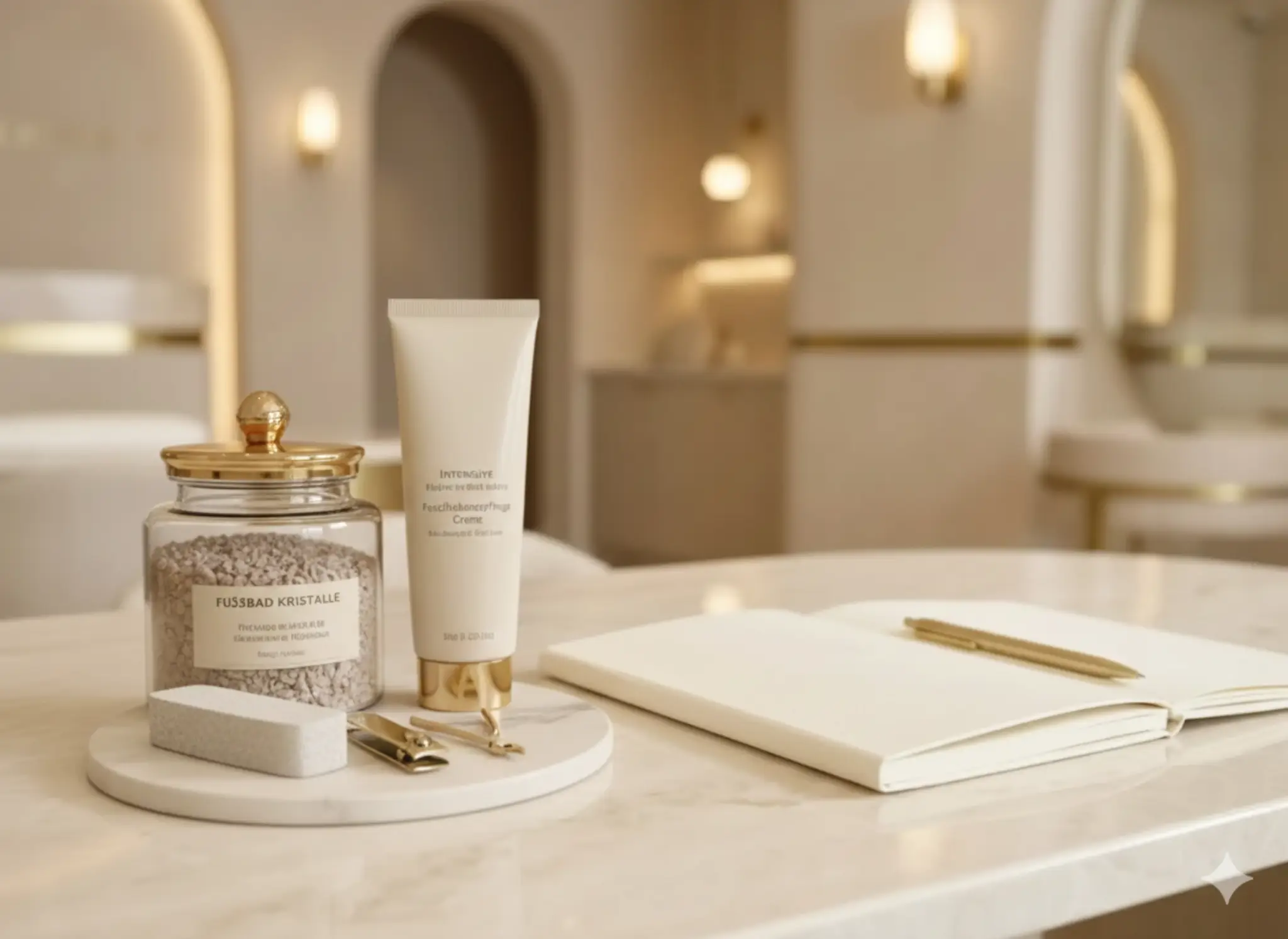 Pflegeprodukte für Fußpflege in einem Studio in Bochum mit Fußbad Kristallen und Creme auf einem Tisch