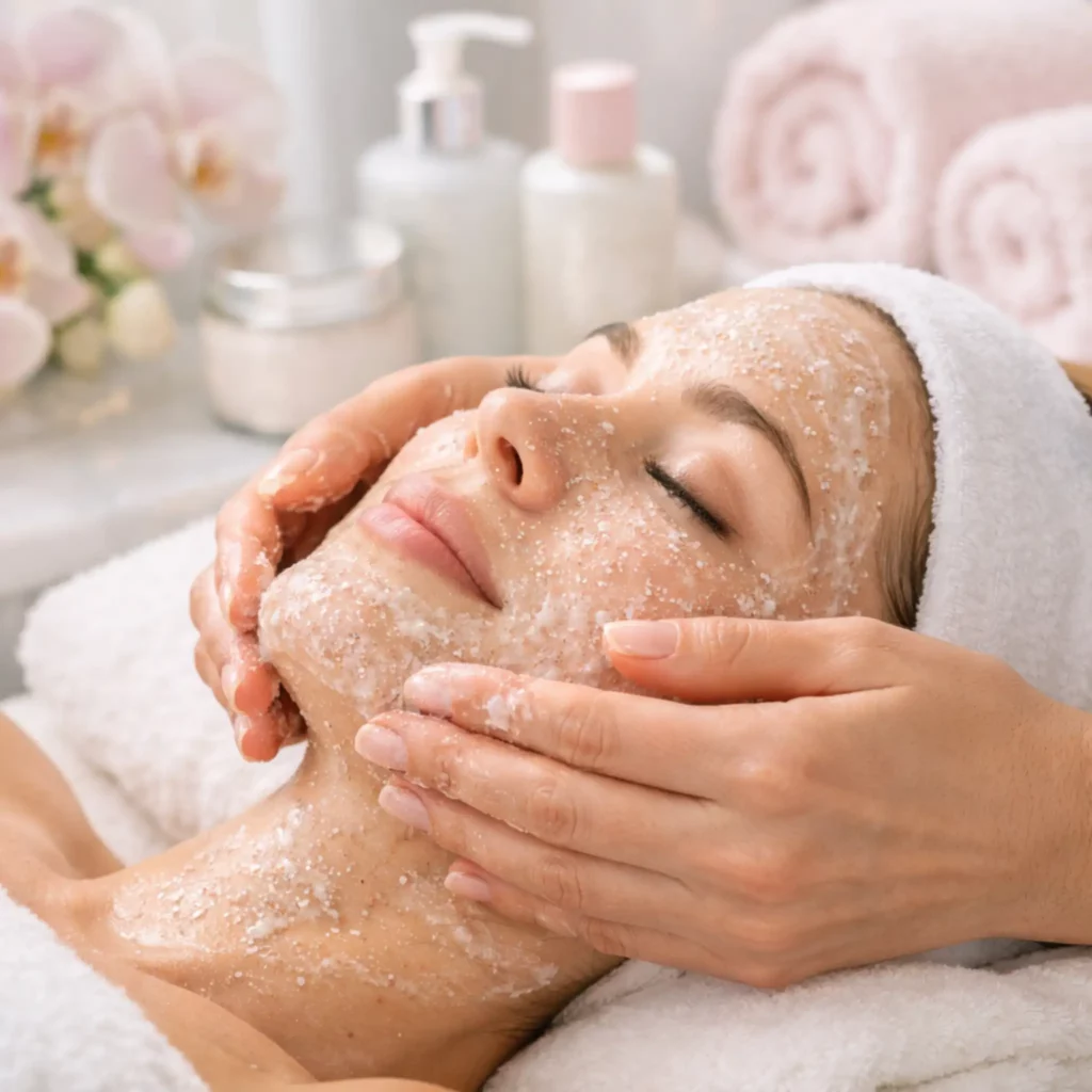 Gesichtspeeling bei einer Kosmetikbehandlung in Bochum im Kosmetikstudio