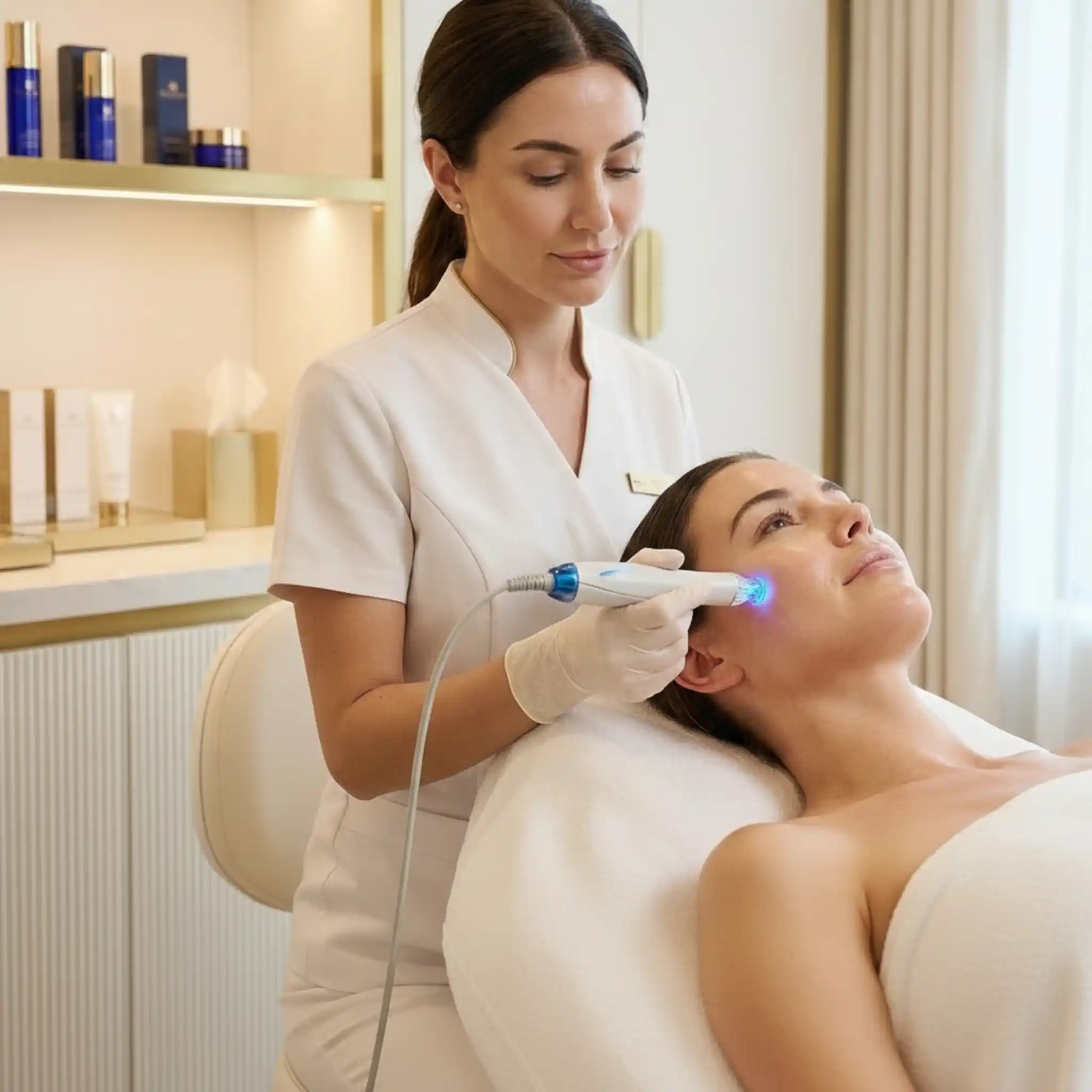 Kosmetikerin führt eine professionelle Gesichtsbehandlung bei einer Kundin im Kosmetikstudio in Bochum durch