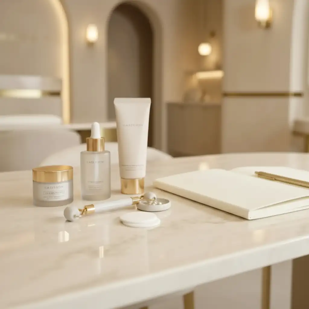Pflegeprodukte auf einem Behandlungstisch im Kosmetikstudio in Bochum
