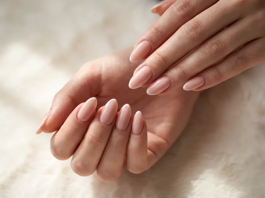 Zwei Hände mit gepflegten, länglichen Nägeln in natürlichem French-Nageldesign.