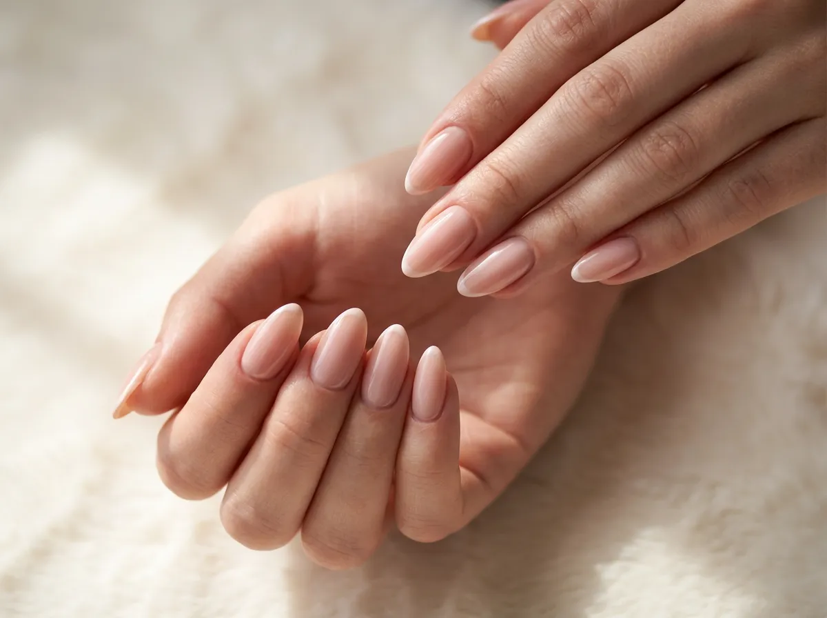 Zwei Hände mit gepflegten, länglichen Nägeln in natürlichem French-Nageldesign.