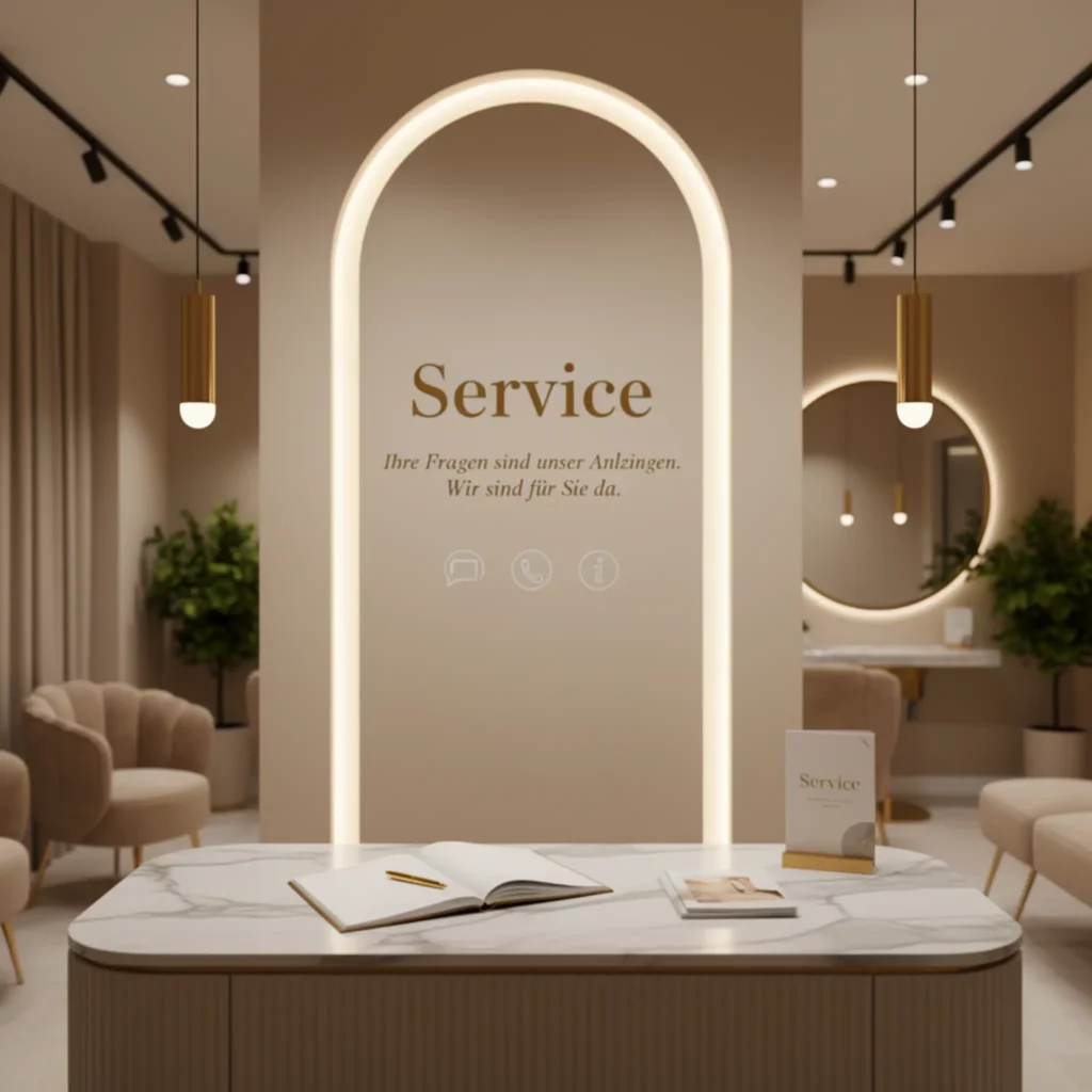 Service in Bochum am Studio Empfang mit Beratungstisch, Lounge und warmem Licht