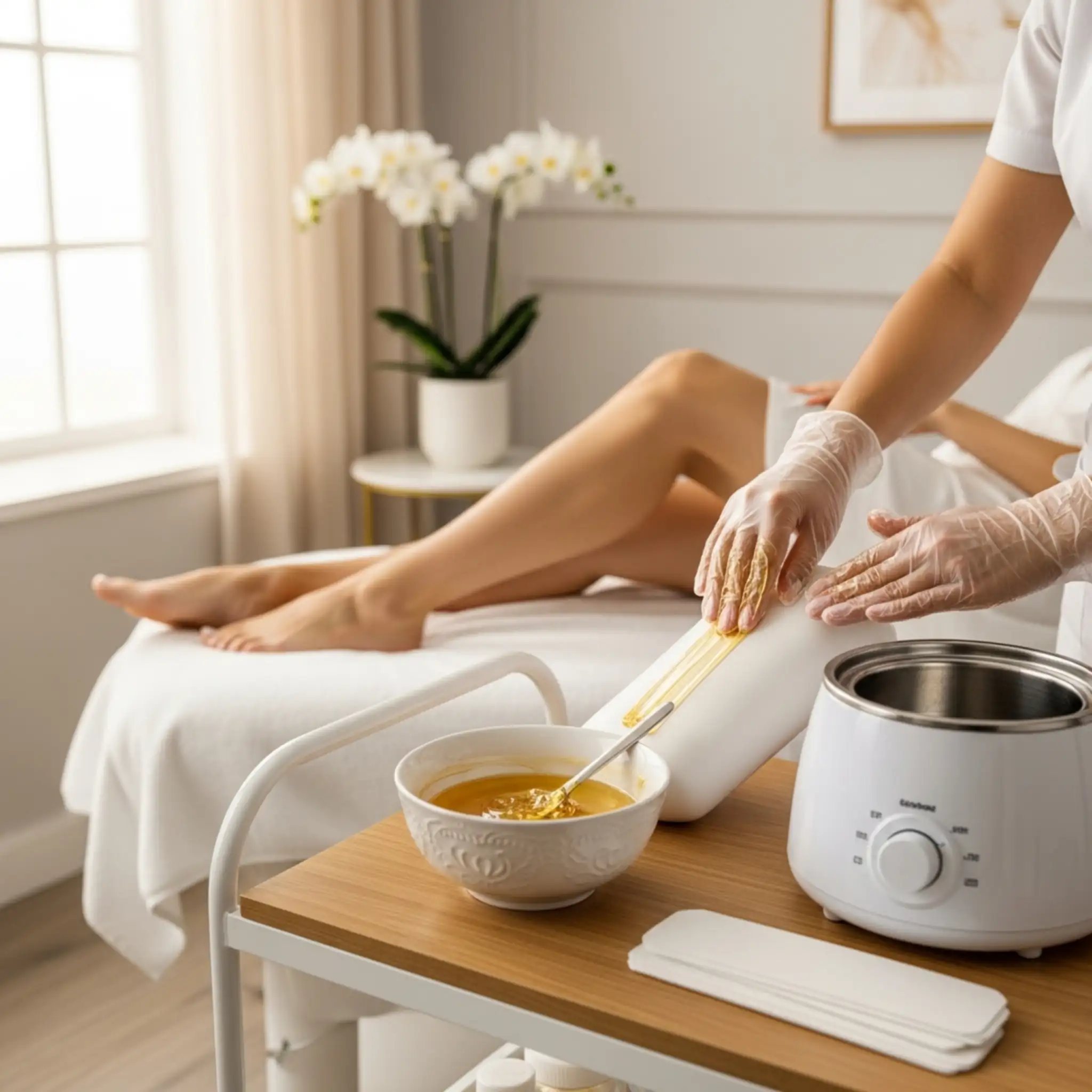 Kosmetikerin trägt Warmwachs auf das Bein einer Kundin auf bei einer professionellen Waxing Behandlung in Bochum