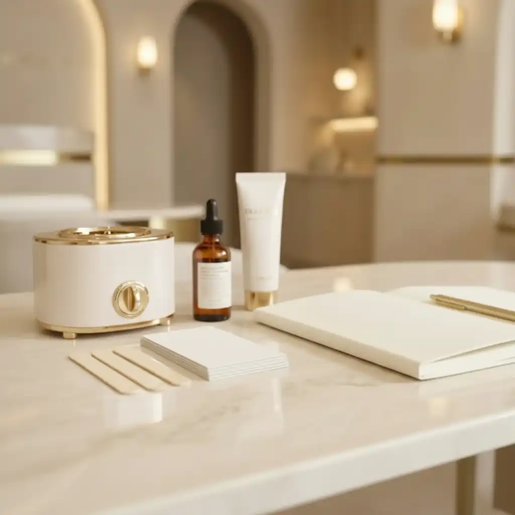 Waxing in Bochum mit Warmwachs Set im Kosmetikstudio inklusive Wachserwärmer Spatel und Pflegemittel