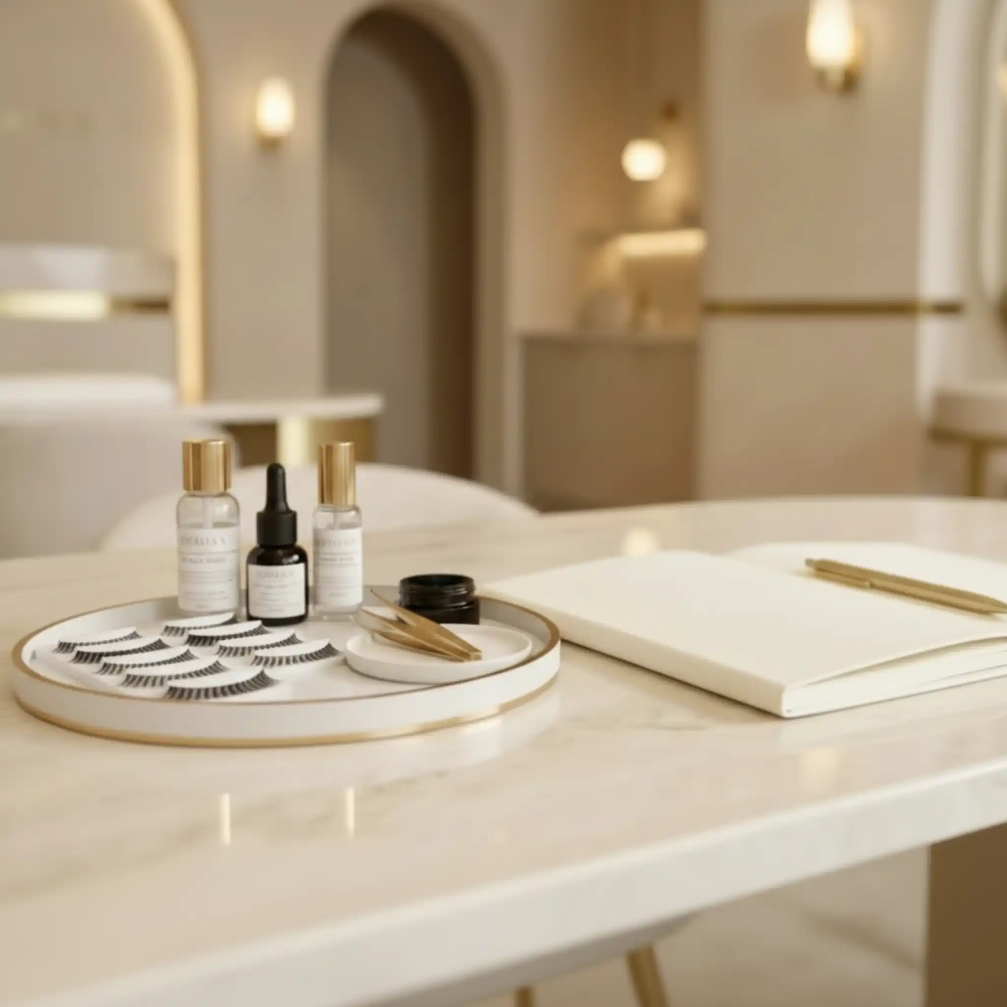 Produkte und Werkzeuge für eine Wimpernverlängerung im Studio in Bochum mit Pinzette, Kleber und Lash Extensions